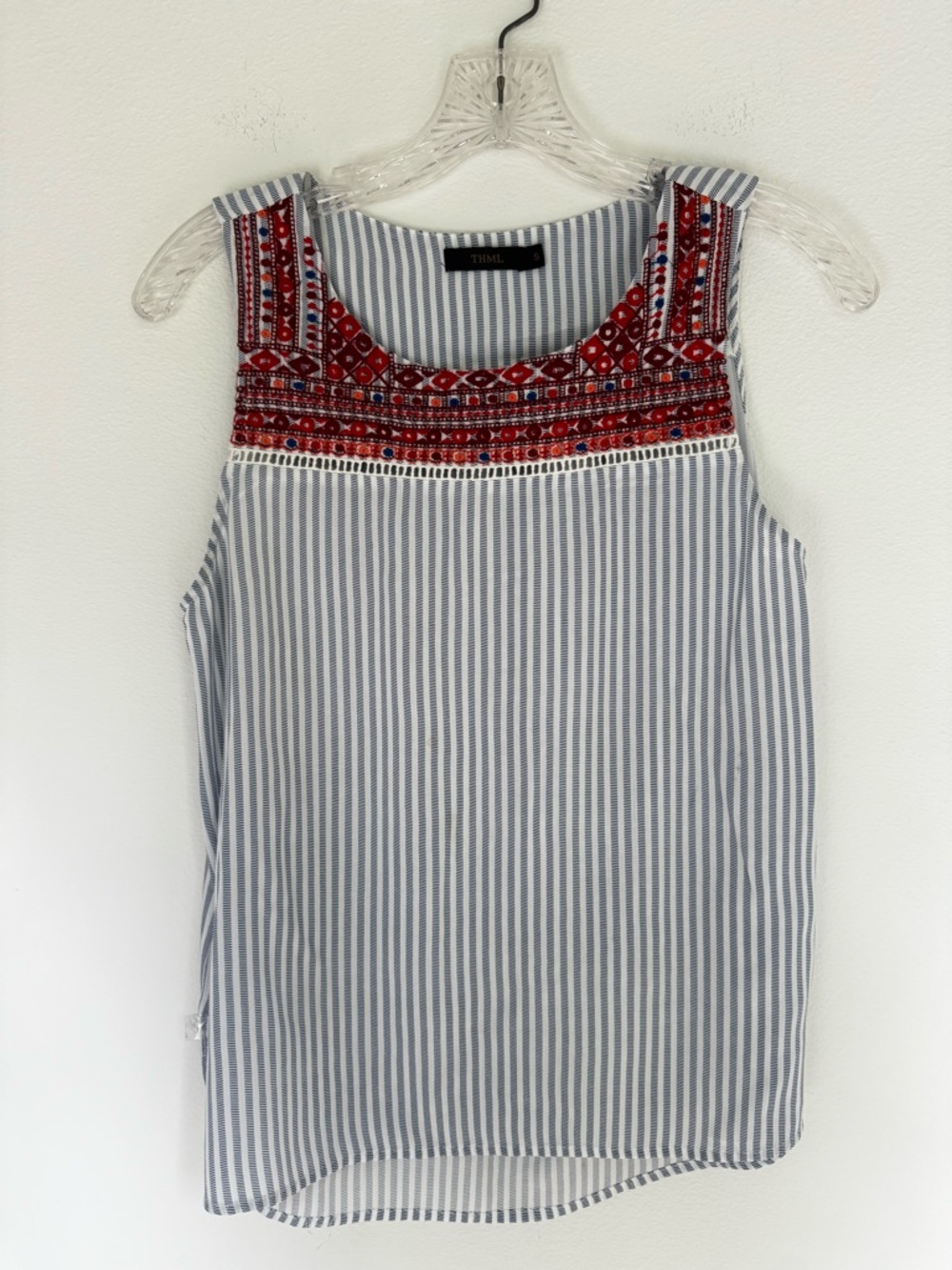 THML Small sleeveless blue/white stripe top with embellished yoke. P2P 18”